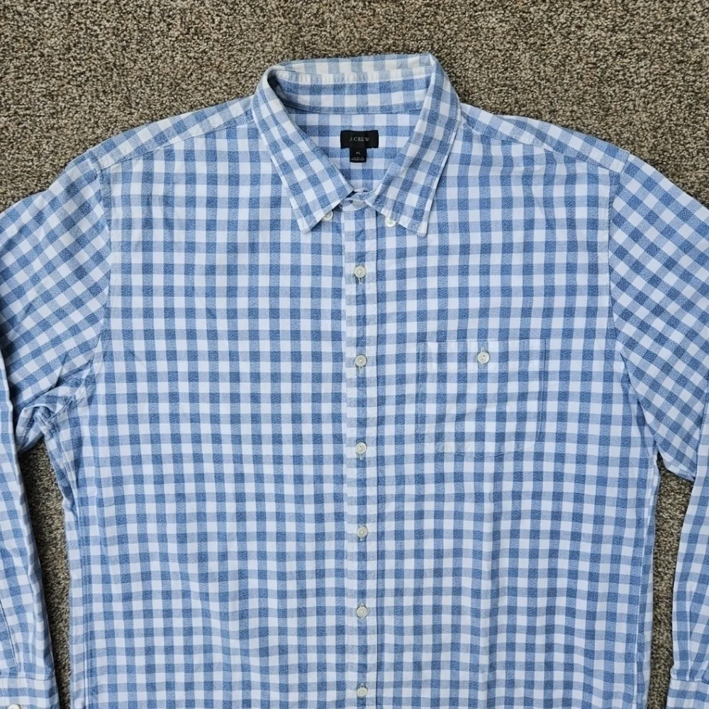 J Crew Classic Gingam Checkered Blue White Button Down Shirt 100% Cotton Mens XL